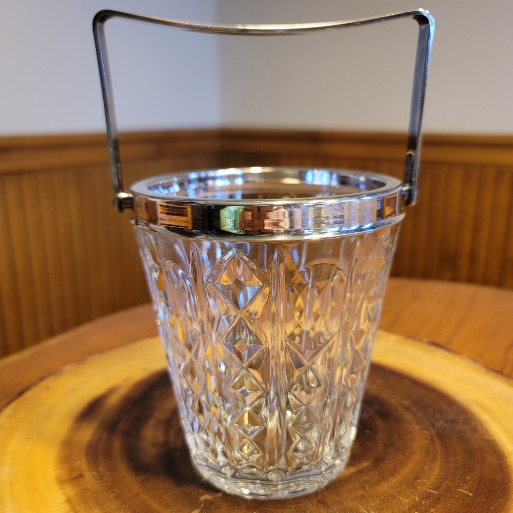Val St Lambert Cut Crystal Ice Bucket With Folding Silver Plate Handle Signed